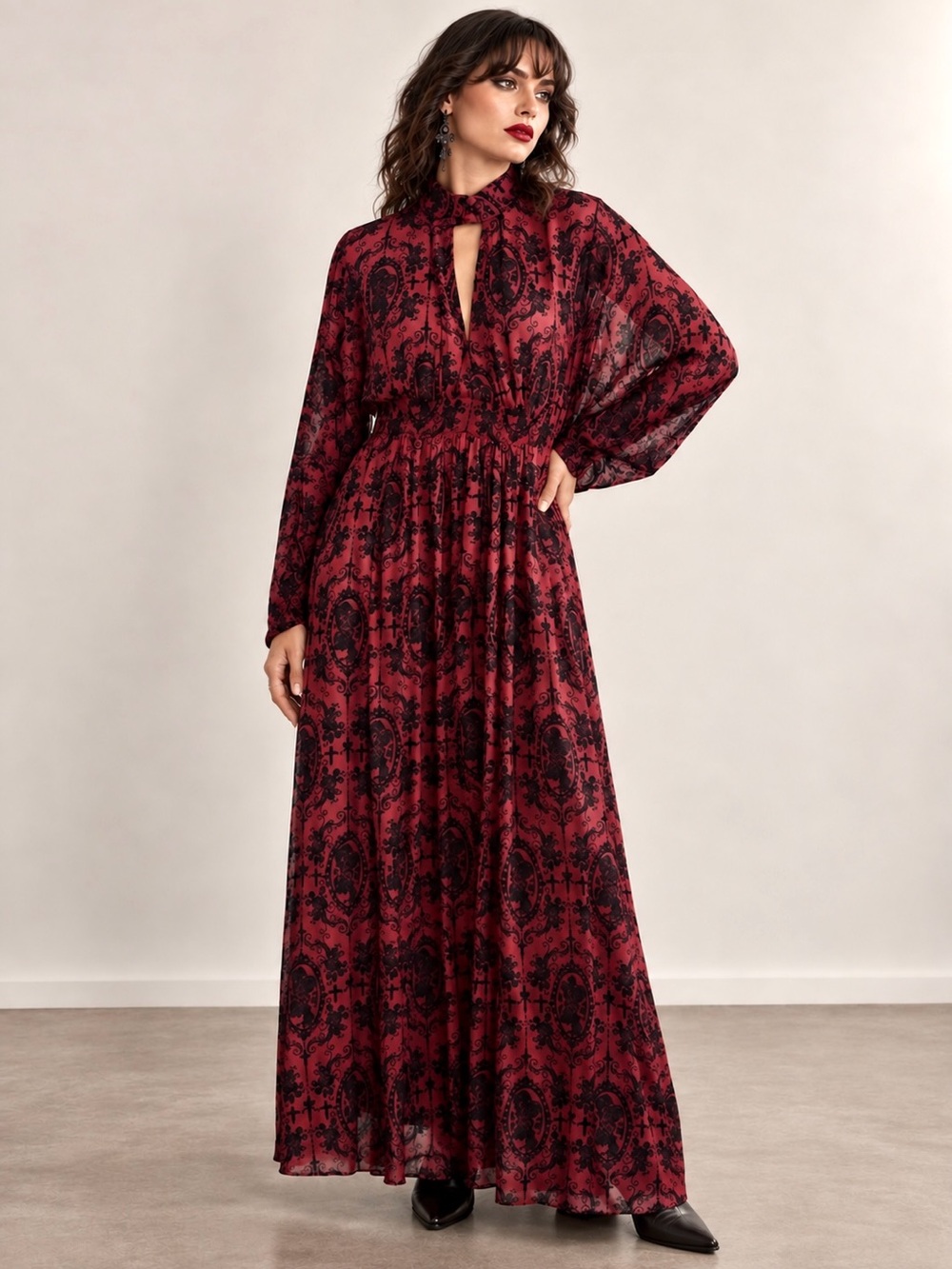 Unique Vintage Gothic Cameo Cross Caftan Maxi Dress Burgundy Black Whimsigoth OS